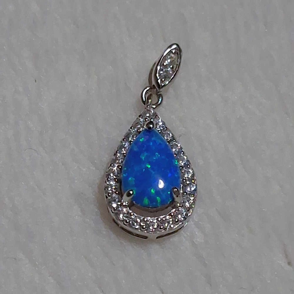 Blue Opal & Cz's Set In 925 SS Gorgeous Pendant